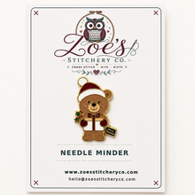 Load image into Gallery viewer, Christmas Teddy Bear with Gift Hard Enamel Needle Minder | Cross Stitch