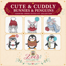 Load image into Gallery viewer, Cute &amp; Cuddly Bunnies &amp; Penguins Counted Cross Stitch Kit Collection | 14 Count

