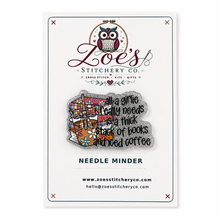 Load image into Gallery viewer, Books and Iced Coffee Acrylic Needle Minder | Cross Stitch
